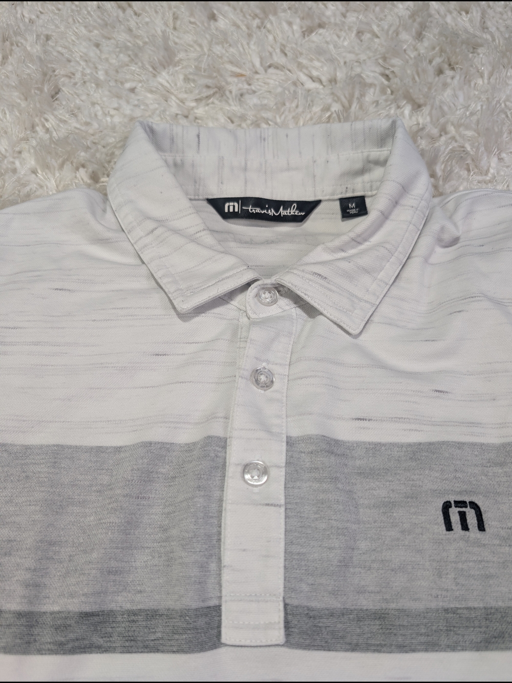 Travis Mathew Men’s White & Light Gray Striped Polo